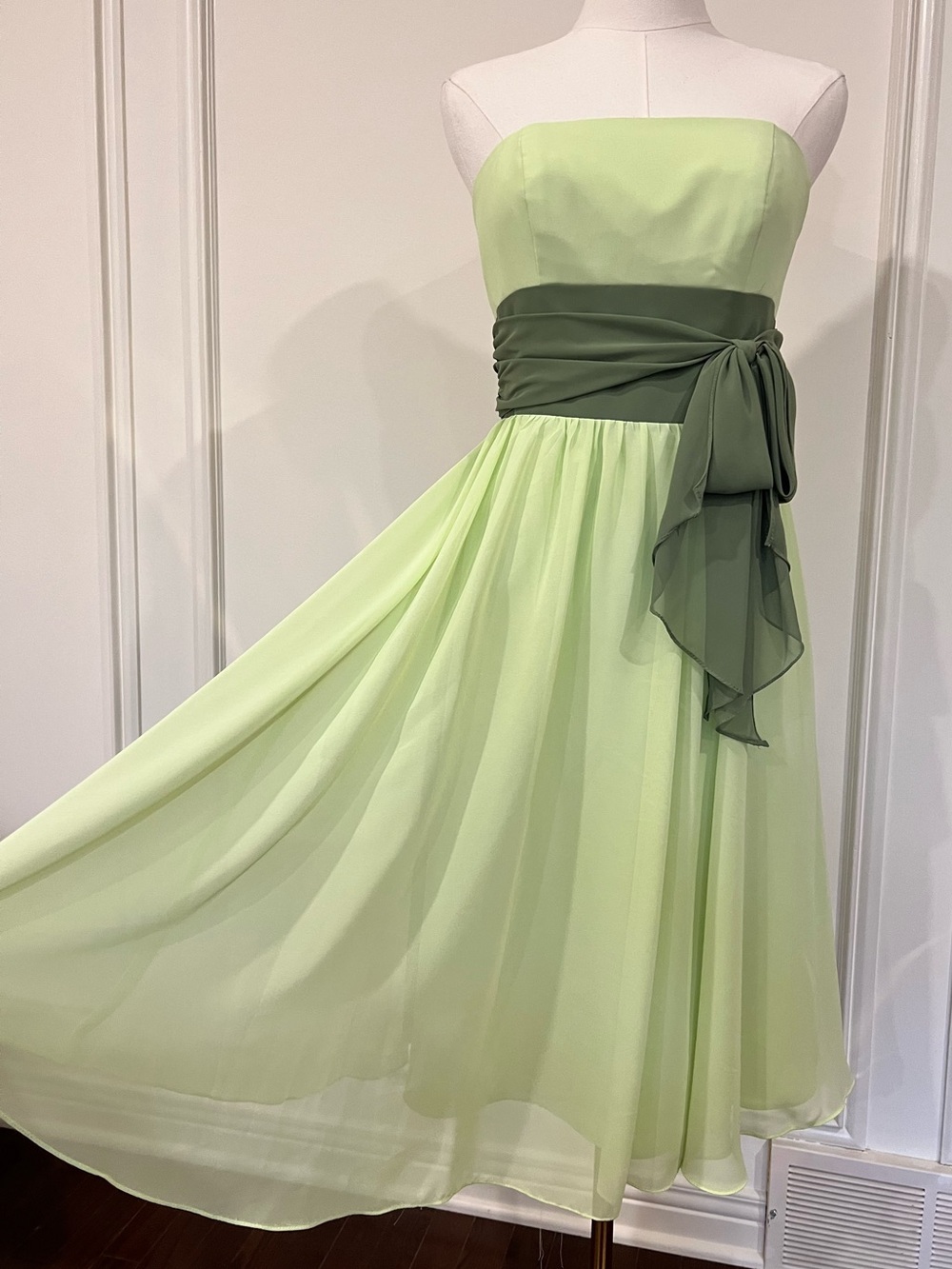 Alfred Angelo Pistachio Green Strapless Chiffon Bridesmaid Party Dress Sage Sash
